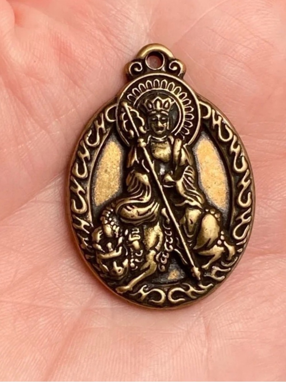 RARE Antique PRE 1800 Chinese Pure Brass Old Bronze Ksitsigarba Buddha Amulet